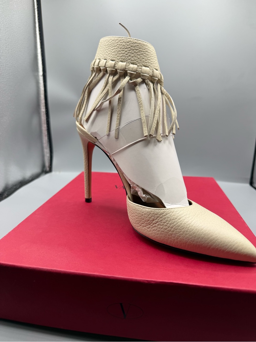 Valentino Fringed Ankle-Strap Pointed Toe Pump in Cream